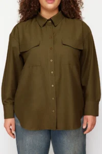 Trendyol Curve Khaki Cotton Long Sleeve double pocket Skirt slit Poplin Weaving Plus Size Shirt - Image 5