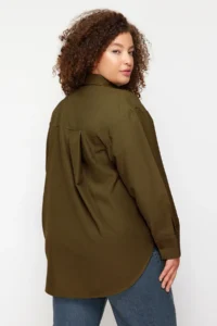Trendyol Curve Khaki Cotton Long Sleeve double pocket Skirt slit Poplin Weaving Plus Size Shirt - Image 6
