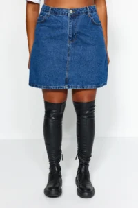Trendyol Curve Mavi High Waist 100% Non-Stretch Cotton A Shape denim Skirt - Image 10