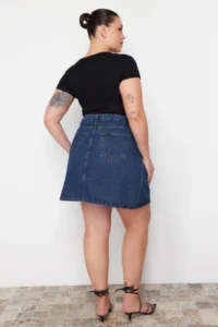 Trendyol Curve Mavi High Waist 100% Non-Stretch Cotton A Shape denim Skirt - Image 6