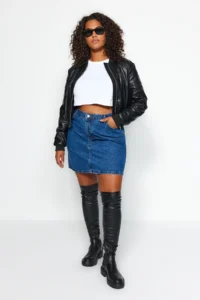 Trendyol Curve Mavi High Waist 100% Non-Stretch Cotton A Shape denim Skirt - Image 7
