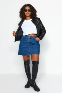 Trendyol Curve Mavi High Waist 100% Non-Stretch Cotton A Shape denim Skirt - Image 8