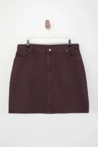 Trendyol Curve Burgundy High Waist 100% Non-Stretch Cotton A Shape denim Skirt