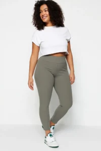 Trendyol Curve Khaki High Waist Ribbed Knitting Plus Size Leggings with Fleece - Image 2