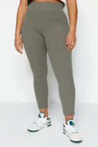 Trendyol Curve Khaki High Waist Ribbed Knitting Plus Size Leggings with Fleece - Image 3