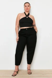 Trendyol Curve Black High Waist Hem Detailed 100% Cotton with pocket Mom Fit plus size jeans