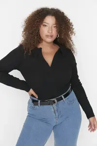 Trendyol Curve Black Fitted Ribbed Knitting Shirt Collar snaps Bodysuit