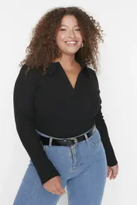 Trendyol Curve Black Fitted Ribbed Knitting Shirt Collar snaps Bodysuit - Image 2
