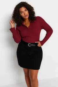 Trendyol Curve Burgundy Fitted Ribbed Shirt Collar snaps Knitting Bodysuit - Image 2
