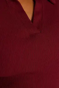 Trendyol Curve Burgundy Fitted Ribbed Shirt Collar snaps Knitting Bodysuit - Image 3