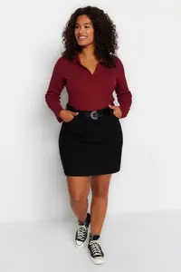 Trendyol Curve Burgundy Fitted Ribbed Shirt Collar snaps Knitting Bodysuit - Image 4