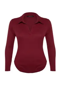 Trendyol Curve Burgundy Fitted Ribbed Shirt Collar snaps Knitting Bodysuit - Image 6