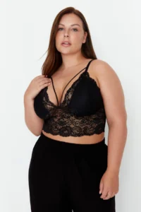 Trendyol Curve Black Piped Thin Flexible Lace Plus Size Bustier with Sponge Pad