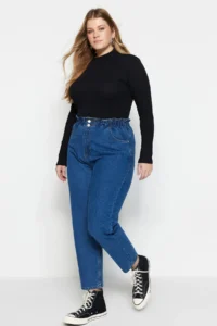Trendyol Curve Mavi High Waist Elastic Waist 100% Non-Stretch Cotton Plus Size Mom jeans - Image 17