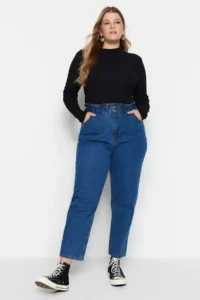 Trendyol Curve Mavi High Waist Elastic Waist 100% Non-Stretch Cotton Plus Size Mom jeans - Image 19