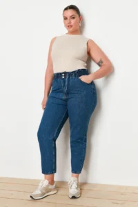 Trendyol Curve Mavi High Waist Elastic Waist 100% Non-Stretch Cotton Plus Size Mom jeans - Image 7