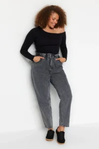 Trendyol Curve Gray High Waist Elastic Waist 100% Cotton Plus Size Mom jeans - Image 11