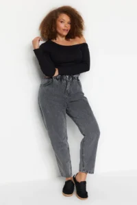 Trendyol Curve Gray High Waist Elastic Waist 100% Cotton Plus Size Mom jeans - Image 12
