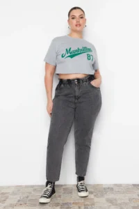 Trendyol Curve Gray High Waist Elastic Waist 100% Cotton Plus Size Mom jeans - Image 5