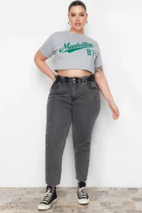 Trendyol Curve Gray High Waist Elastic Waist 100% Cotton Plus Size Mom jeans - Image 6