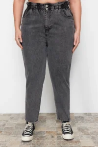 Trendyol Curve Gray High Waist Elastic Waist 100% Cotton Plus Size Mom jeans - Image 8