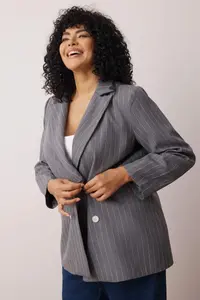 Trendyol Curve Anthracite Striped Double Closure Double breasted Closure Lined Plus Size Weaving Jacket