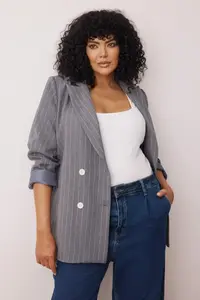 Trendyol Curve Anthracite Striped Double Closure Double breasted Closure Lined Plus Size Weaving Jacket - Image 2