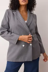 Trendyol Curve Anthracite Striped Double Closure Double breasted Closure Lined Plus Size Weaving Jacket - Image 3