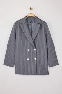 Trendyol Curve Anthracite Striped Double Closure Double breasted Closure Lined Plus Size Weaving Jacket - Image 5