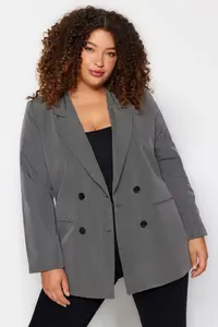 Trendyol Curve Gray Double breasted Kapama Lined Plus Size Blazer Jacket
