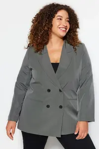 Trendyol Curve Gray Double breasted Kapama Lined Plus Size Blazer Jacket - Image 3