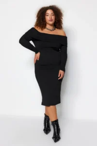 Trendyol Curve Black Carmen Collar Bodysuit hugging Midi Size Knit Dress