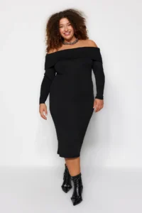 Trendyol Curve Black Carmen Collar Bodysuit hugging Midi Size Knit Dress - Image 2