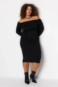 Trendyol Curve Black Carmen Collar Bodysuit hugging Midi Size Knit Dress - Image 3