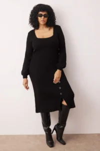 Trendyol Curve Black Button Detailed Slit Knit Dress