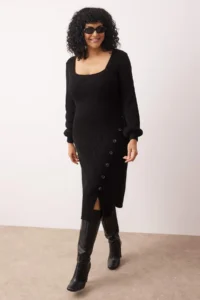Trendyol Curve Black Button Detailed Slit Knit Dress - Image 2