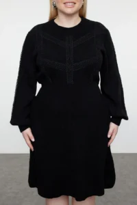 TRENDYOLMİLLA Black Knitting Detailed Ribbed Knit Dress - Image 3