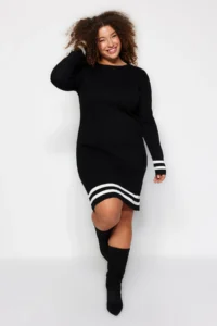 Trendyol Curve Black Stripe Detailed Ribbed Knit Dress