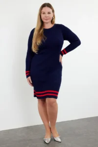 Trendyol Curve Navy Blue Stripe Detailed Ribbed Knit Dress