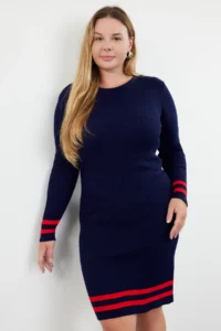 Trendyol Curve Navy Blue Stripe Detailed Ribbed Knit Dress - Image 2