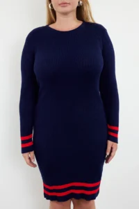 Trendyol Curve Navy Blue Stripe Detailed Ribbed Knit Dress - Image 3