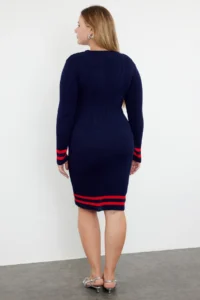 Trendyol Curve Navy Blue Stripe Detailed Ribbed Knit Dress - Image 5