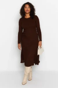 Trendyol Curve Brown Ribbed Crew Neck Midi Knit Dress
