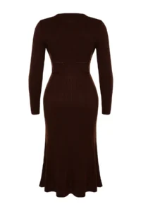 Trendyol Curve Brown Ribbed Crew Neck Midi Knit Dress - Image 6