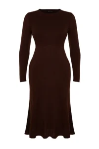 Trendyol Curve Brown Ribbed Crew Neck Midi Knit Dress - Image 8