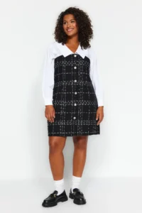 Trendyol Curve Black White Shirt Collar Long Sleeve buttoned Tweed Dress
