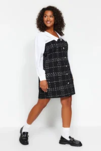 Trendyol Curve Black White Shirt Collar Long Sleeve buttoned Tweed Dress - Image 2
