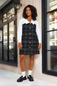 Trendyol Curve Black White Shirt Collar Long Sleeve buttoned Tweed Dress - Image 3