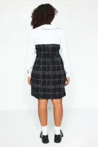 Trendyol Curve Black White Shirt Collar Long Sleeve buttoned Tweed Dress - Image 6