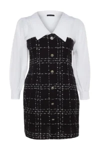 Trendyol Curve Black White Shirt Collar Long Sleeve buttoned Tweed Dress - Image 7